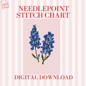 May include: Needlepoint stitch chart featuring a cross-stitch design of two blue flowers with green stems on a pink background. The words "Needlepoint Stitch Chart" and "Digital Download" are in red.