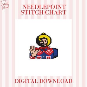 以下が含まれることがあります： 黄色い帽子、赤いバンダナ、青いジャケットを着た、ピクセル化されたカウボーイのデジタルニードルポイントステッチチャート。テキスト「NEEDLEPOINT STITCH CHART」と「DIGITAL DOWNLOAD」は赤色で表示されています。