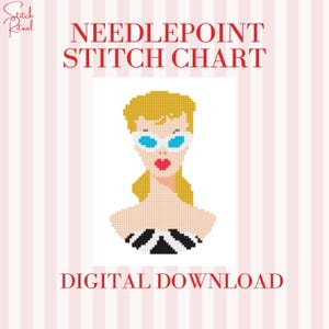 Könnte beinhalten: Ein digitales Kreuzstichmuster mit einem pixeligen Bild einer Frau mit blonden Haaren, blauer Sonnenbrille und rotem Lippenstift. Der Text "NEEDLEPOINT STITCH CHART" und "DIGITAL DOWNLOAD" ist rot dargestellt.