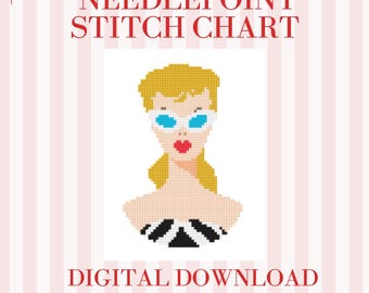 Gráfico de ponto cruz de boneca vintage em PDF | Gráfico de pontos 8x8 para tela de 18 pontos | Design de ponto cruz retrô glamouroso | Download digital