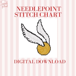 May include: Needlepoint stitch chart digital download featuring a golden snitch with white wings. The text "Needlepoint Stitch Chart" is in red, and "Digital Download" is below the image. The background has pink and white stripes.