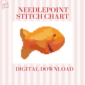 以下が含まれることがあります： ピクセル化された金魚のデザインのデジタルニードルポイントステッチチャート。魚はオレンジと茶色の色合いで表現され、白い背景に配置されています。「NEEDLEPOINT STITCH CHART」と「DIGITAL DOWNLOAD」の文字は赤色です。