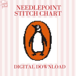 May include: Digital needlepoint stitch chart with a penguin design inside an orange oval. The text "Needlepoint Stitch Chart" and "Digital Download" are in red. The background has a pink and white striped pattern.
