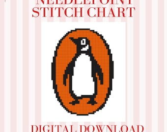 Patrón de bordado con logotipo de libro inspirado en pingüinos (PDF) / Gráfico de puntadas de 8x8 para lienzo de malla 18 / Diseño de bordado para amantes de los libros vintage