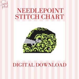 Puede incluir: Un gráfico de punto de aguja digital con un diseño de casco. El casco es negro y verde lima con una visera gris. El texto "NEEDLEPOINT STITCH CHART" y "DIGITAL DOWNLOAD" es rojo.