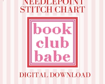 Book Club Babe Needlepoint Pattern PDF | 8x8 Stitch Chart for 18 Mesh Canvas | Pink & Red Text Needlepoint Design | Reader Gift