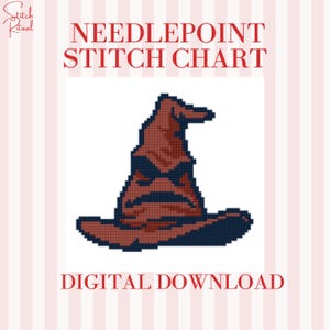 May include: Needlepoint stitch chart digital download featuring a pixelated Sorting Hat in shades of brown and navy blue. The text "Needlepoint Stitch Chart" and "Digital Download" are in red.