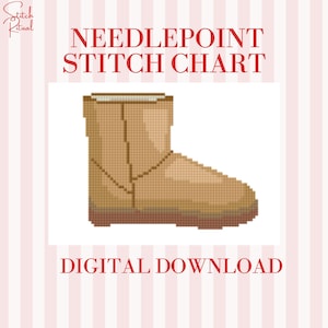 May include: A digital download featuring a needlepoint stitch chart. The chart showcases a pixelated illustration of a tan boot. The text "Needlepoint Stitch Chart" and "Digital Download" are displayed in red on a striped background.