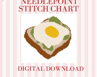 Nålmönster med avokadoägg och rostat bröd i PDF-format | Stygndiagram för 8x8-duk, 18 mesh, tyg | Nålmönster för brunchmat | Modern kökskonst