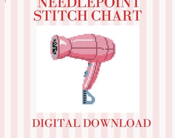 Pink Hair Dryer Needlepoint Pattern PDF | 8x8 Stitch Chart for 18 Mesh Canvas | Cute Beauty Needlepoint Design | Retro Glam Digital Download
