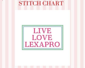 May include: A digital needlepoint stitch chart with the words "LIVE LOVE LEXAPRO" in pink, framed in a green and blue border. The text "NEEDLEPOINT STITCH CHART" and "DIGITAL DOWNLOAD" are in red.
