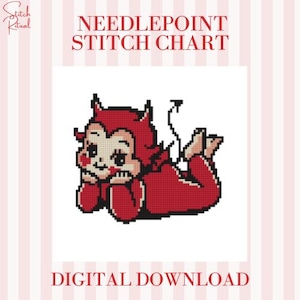 Devil Kewpie nålmönster PDF | 8x8 stygndiagram för 18 mesh canvas | Söt Devil Baby nålmönsterdesign | Nedladdning av alternativ kawaii konst