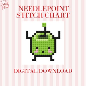 May include: Digital download of a needlepoint stitch chart. The chart features a pixelated green apple character with black arms and legs, and pink cheeks. The text "NEEDLEPOINT STITCH CHART" and "DIGITAL DOWNLOAD" are in red.