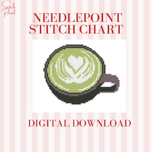 Matcha nålmönster PDF | 8x8 stygndiagram för 18 mesh canvas | Matcha Latte nålmönsterdesign | Cozy Café Art digital nedladdning