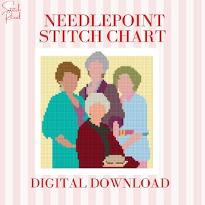 May include: A digital needlepoint stitch chart featuring a pixelated image of four women. The image is set against a light yellow background and framed by a white border. The text "NEEDLEPOINT STITCH CHART" and "DIGITAL DOWNLOAD" are in red.