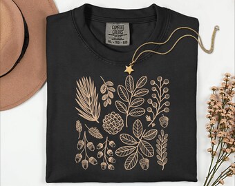 Botanical, Acorn Leaf Pinecone Graphic Tee, Vintage Pressed Flowers Shirt, Floral Tee, Gardener Gift, Forest Gift Idea, Unisex Cotton Top