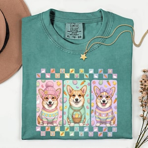 Comfort Color® Corgi Pasen-shirt, Corgis-T-shirt, Preppy Easter Dogs-top, Cute Eggs Chicks Carrots-afbeelding, Pasen-T-shirt honden, lentekleding