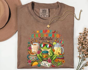 Comfort Colors® Happy Cinco de Mayo Frog Shirt, Funny Fiesta Frog Tee, Mexican Party Celebration Shirt