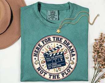Shirt Here For The Drama Not The Plot, T-shirt grappige filmliefhebber, vintage clapperboard-afbeelding, shirt popcornhumor