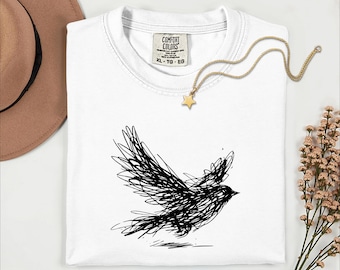 Shirt met abstracte vogellijn, minimalistisch T-shirt met krabbelvogel, moderne schets dierenshirt, kunstzinnig cadeau vogelliefhebber