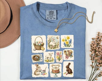 Comfort Color® Vintage Easter Collage Graphic, Retro Spring Christian Apparel, Boho Bunny Floral Top, Easter Day Tee, Chocolate Bunny Shirt