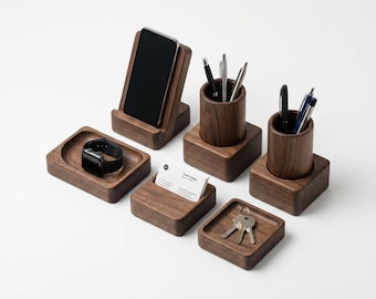 Modular Magnetic Desk Organizer Plans PDF | Walnut Wood DIY Woodworking | Phone Stand Pen Holder Watch Tray | Instant Digital Download