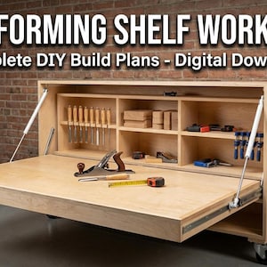 May include: A transforming shelf workbench with the text "TRANSFORMING SHELF WORKBENCH" and "Complete DIY Build Plans - Digital Download". The workbench is made of light-colored wood and features a fold-down work surface with various tools and storage compartments.