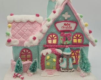 Lebkuchen Rosa Blau Merry Christmas Haus LED Light Up 18 cm Gerson