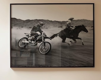 Arte mural de carreras de motocross y vaqueros en blanco y negro, decoración masculina moderna del oeste, descarga digital imprimible