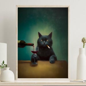 Puede incluir: Impresión artística enmarcada de un gato negro fumando un cigarrillo y sirviendo vino. El gato está en una mesa con una botella de vino y una copa. El fondo es de color verde oscuro.