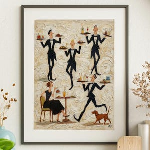 May include: A framed art print depicting a restaurant scene with waiters in black tuxedos carrying trays. A woman in a black dress sits at a table, and a dog runs alongside a waiter. The artwork has a textured background and is displayed on a shelf.