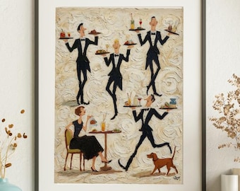 Tiny People Print Restaurant Servers Art, Vintage Food & Drink Poster, Retro Bar Wall Decor, Fun Cafe Oil Painting, Trendy Kitchen Print