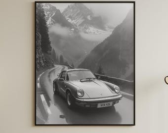Black And White Porsche Mountain Drive Art, Alpine Road Photography Print, Classic Sports Car Poster, Cinematic Masculine Wall Art