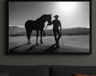 Western Golf Wall Art, Cowboy With Horse Black and White Print, Desert Landscape Decor, Masculine Fine Art Photography