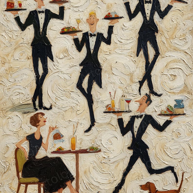 May include: An oil painting depicts several waiters in black tuxedos carrying trays of food and drinks. A woman in a black dress sits at a table. A brown dog is at the bottom right. The background is a textured, off-white color.