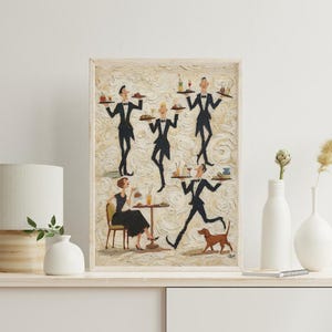 May include: An artistic framed print depicts a restaurant scene with waiters in black suits carrying trays. A woman in a black dress sits at a table. A brown dog runs in the foreground. The artwork has a textured, beige background.
