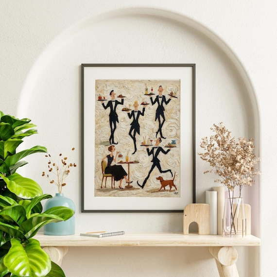 Tiny People Print Restaurant Servers Art, Vintage Food & Drink Poster, Retro Bar Wall Decor, Fun Cafe Oil Painting, Trendy Kitchen Print