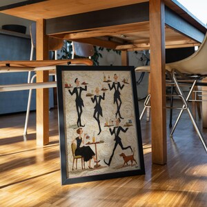 May include: Framed artwork depicting a restaurant scene with waiters in black suits carrying trays. A woman in a black dress sits at a table, and a small dog runs alongside a waiter. The artwork is in a black frame.