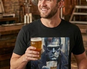 May include: A black t-shirt featuring a graphic print of a blue-toned Frankenstein monster holding a glass of beer. The monster has a stern expression, dark hair, and is wearing a dark coat. The design is centred on the chest of the garment.