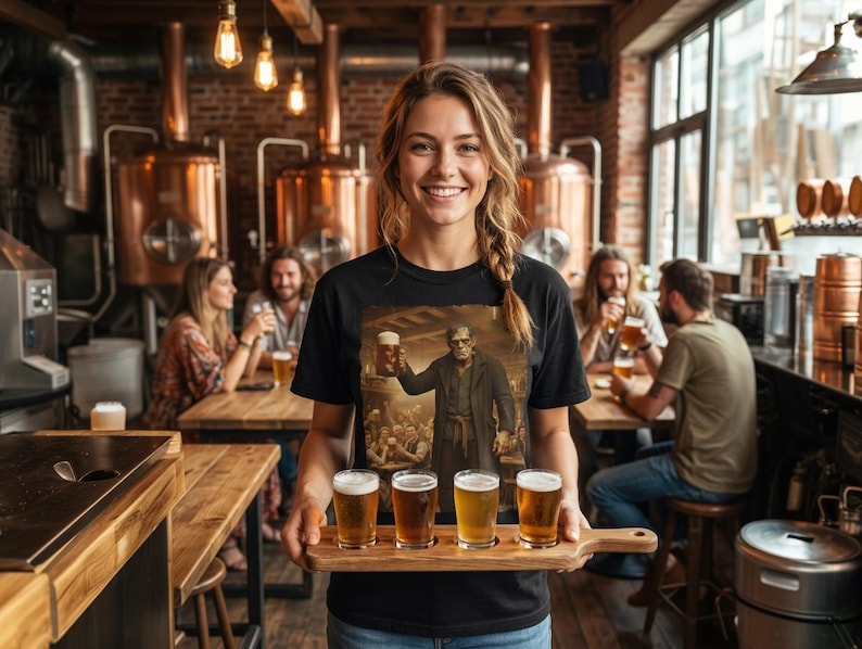 May include: A black t-shirt featuring a graphic print of a monster holding a beer mug in a tavern setting. The shirt is worn by a person holding a wooden serving tray with four glasses of beer, each containing a different shade of golden liquid.