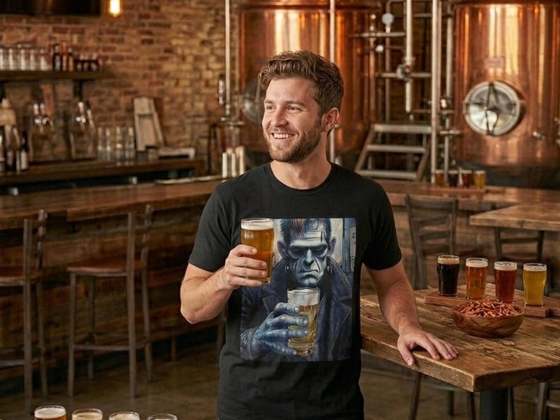 Pode incluir: Uma t-shirt preta com uma estampa gr&aacute;fica de um monstro de Frankenstein em tons de azul segurando um copo de cerveja. O monstro tem uma express&atilde;o severa, cabelo escuro e veste um casaco escuro no peito da pe&ccedil;a de vestu&aacute;rio.