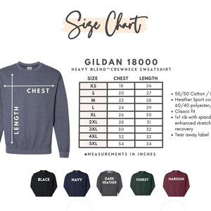 May include: A Gildan 18000 heavy blend crewneck sweatshirt size chart with a dark heather grey sweatshirt illustration. The chart lists sizes XS to 5XL with chest and length measurements in inches. Includes fabric details and colour swatches.