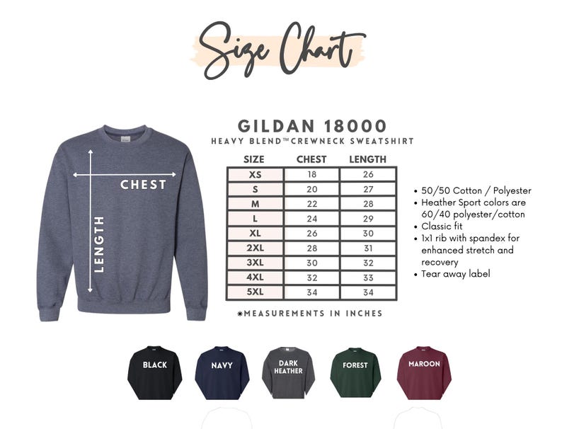 May include: A Gildan 18000 heavy blend crewneck sweatshirt size chart with a dark heather grey sweatshirt illustration. The chart lists sizes XS to 5XL with chest and length measurements in inches. Includes fabric details and colour swatches.