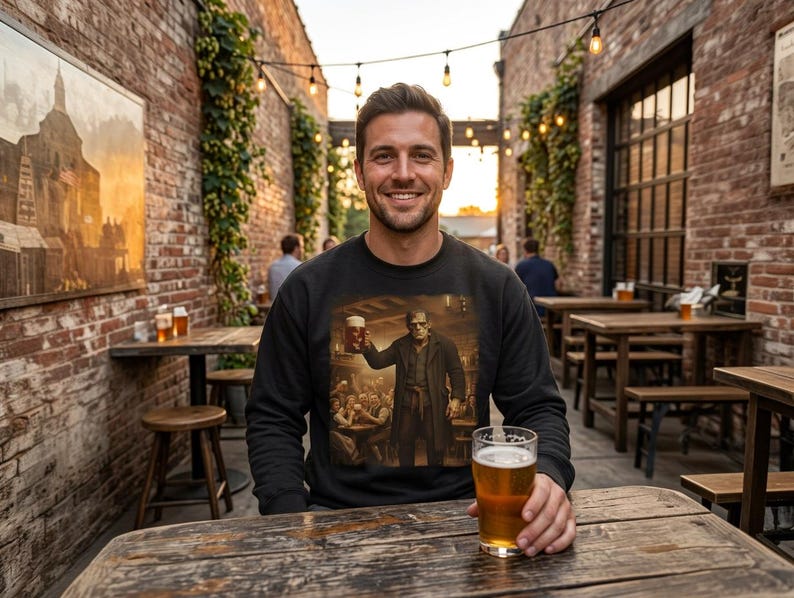 May include: A black long-sleeve sweatshirt featuring a graphic print of a figure resembling Frankenstein's monster holding a beer mug in a tavern setting. The sweatshirt is worn by a person sitting at a wooden table with a glass of beer.
