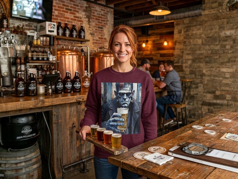 Pode incluir: Uma camisola de manga comprida cor de vinho com uma impress&atilde;o gr&aacute;fica do monstro de Frankenstein a segurar um copo de cerveja. A camisola &eacute; usada por uma pessoa que segura uma t&aacute;bua de madeira com quatro copos pequenos de cerveja numa cervejaria.