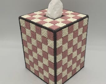 Rose and Ivory Checkerboard Needlepoint Tissue Cover Box