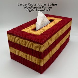 May include: A rectangular tissue box cover featuring a needlepoint pattern with alternating horizontal stripes of deep red and golden yellow yarn. The text Large Rectangular Stripe Needlepoint Pattern Digital Download is visible above.