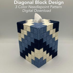 Diagonal Block Needlepoint Pattern – 3 Color Tissue Box Cover – Cushion Stitch Design – Digital Download