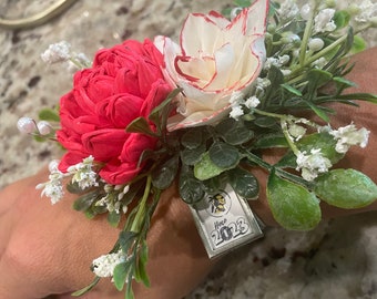 Wooden Flower Corsage, Homecoming, Prom, Wedding Corsage with Personalized Charm