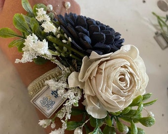 Wooden Corsage - Sola Flowers - Navy - Pink - White Homecoming - Prom - Wedding Corsage with Personalized Charm